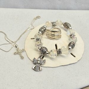 SET! 925 Cross with 925 Feather Ring & Stretch Angel Bead Bracelet  SET!